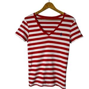 Ralph Lauren Sport Women's Red & White Striped V-neck Top Size XS